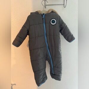 Weatherproof Gray Snow Suit with Footie and Blue Trim